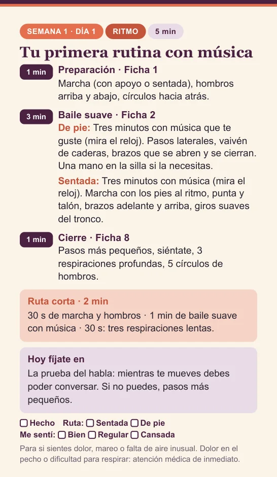 Página del día 1, «Tu primera rutina con música»: bloques con sus minutos, la Ruta corta de 2 minutos y «Hoy fíjate en».
