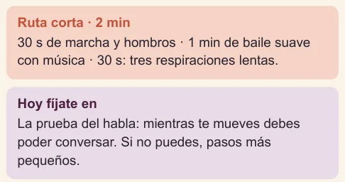 Recuadros del día 1: «Ruta corta · 2 min», con 30 segundos de marcha y hombros, 1 minuto de baile suave y 30 segundos de respiraciones lentas; y «Hoy fíjate en»: la prueba del habla.